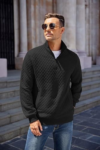 COOFANDY Mens Quarter Zip Pullover Quilted Sweatshirt Knit Long Sleeve Mock Neck Sweater Polo with Pocket A-black - Image 2