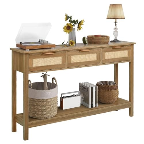 LAZZO Rattan Console Table Boho Entryway Table Narrow Long Sofa Table Hallway Foyer Table Behind Couch Table with 3 Drawers and Open Storage Shelf for Living Room and Corridor Brown - Image 1