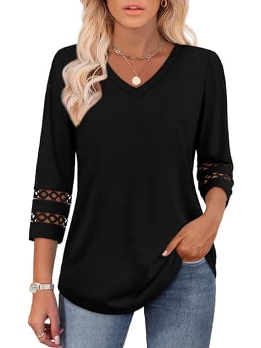 3/4 Length Sleeve Womens Tops Dressy Casual Blouses for Women Trendy V Neck Tunic Tops for Leggings Plain Black XL - Image 2