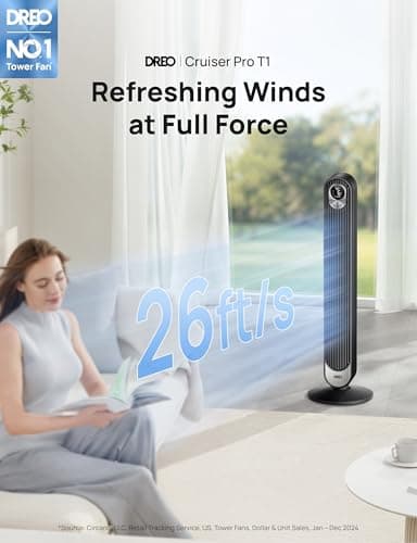 Dreo Tower Fan for Bedroom, 90° Oscillating Standing Fan, 30ft far, 28dB Quiet for Sleep, 6 Speeds, 4 Modes, 12H Timer, 42 Inch, Bladeless, Remote, for Home, Office, Room, Cruiser Pro T1 - Image 2