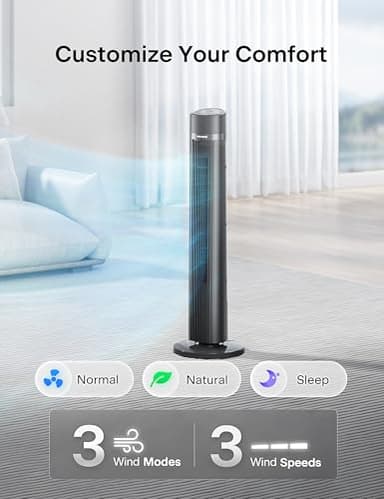 PELONIS 40 inch Bladeless Tower Fan for Bedroom, Standing Fan with Remote Control, 26ft/s, 90° Oscillation, 3 Speed Settings, 27 Db, 3 Modes, 15-Hour Timer, LED Display, Fan that Blows Cold Air, Grey - Image 3