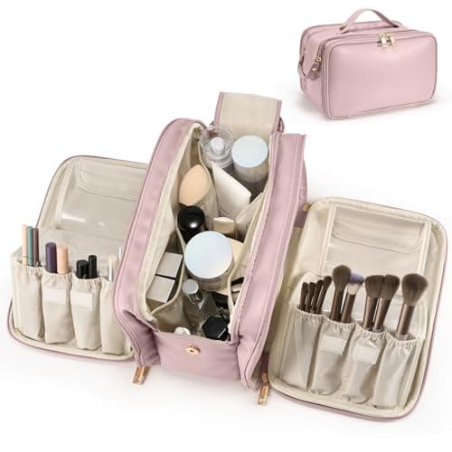 Travel Makeup Bag Women's Large Capacity Cosmetic Portable Organizer Large Opening Waterproof Storage Toiletry Bags Vertical Free-Standing Brush Holder for Easy Access Pink - Image 1