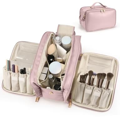 Travel Makeup Bag Women's Large Capacity Cosmetic Portable Organizer Large Opening Waterproof Storage Toiletry Bags Vertical Free-Standing Brush Holder for Easy Access Pink - Image 1
