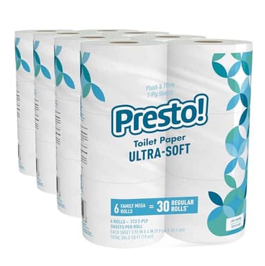 Amazon Brand - Presto! 2-Ply Ultra-Soft Toilet Paper, 24 Family Mega Rolls = 120 regular rolls, 6 Count (Pack of 4), Unscented - Image 1