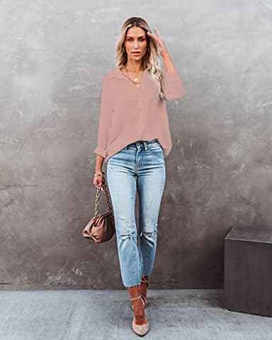 Diosun Womens Button Down V Neck Shirts Long/Short Sleeve Office Casual Business Plain Blouses Tops (Small, Dark Pink) - Image 3