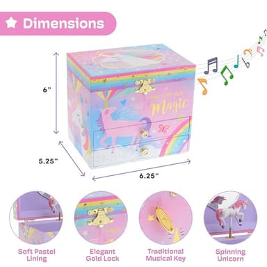 Jewelkeeper Unicorn Musical Jewelry Box for Girls - Cotton Candy Unicorn Design Music Box with 2 Pullout Drawers to Store Earrings, Necklace and Bracelets, Plays The Beautiful Dreamer Tune - Image 3