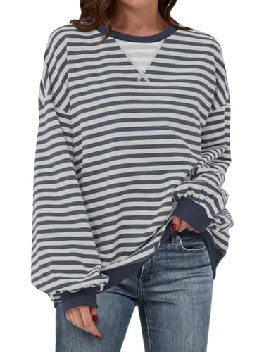 ANRABESS Women Striped Sweatshirts Oversized Crewneck Long Sleeve Shirts Y2K Pullover Top 2025 Fall Outfits Fashion Clothes Grey Blue X-Large - Image 1