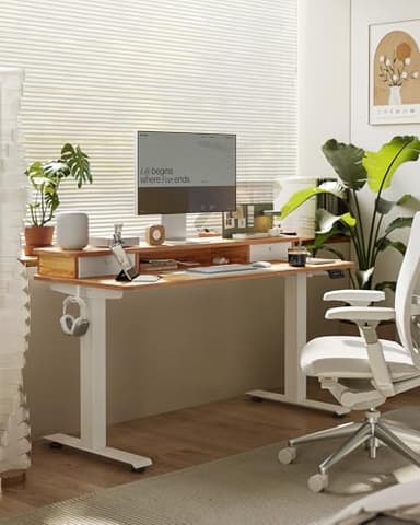 FEZIBO 60 x 24 Inch Height Adjustable Electric Standing Desk with Double Drawer, Computer Desk, Home Office Stand Up Table with 4 Height-Adjustable Feets & 2 Hooks, Light Rustic - Image 9