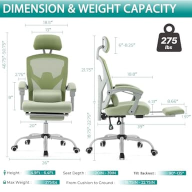 DUMOS Office Desk Chair with Footrest Ergonomic Gaming Chair for Adults Computer Mesh, Lumbar Support,Swivel Reclining with Headrest, Comfy Armrest for Home, Office, Work, Study, Light Green - Image 3