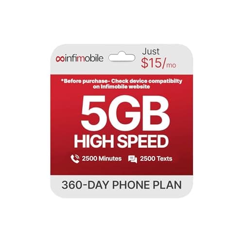 $15/Month | Infimobile Prepaid Plan: 12 Months| 5GB High-Speed Data Per Month | 2500 Minutes and 2500 Text| Prepaid Plan Service SIM Card | Nationwide Coverage | 4G, 5G V-Network - Image 1