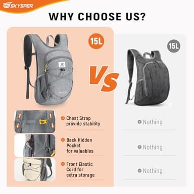 SKYSPER 15L Foldable Hiking Backpack Lightweight Packable Travel Daypack with Chest Strap Small Outdoor Folding Back Pack Collapsible Bag for Women Men (Grey) - Image 5