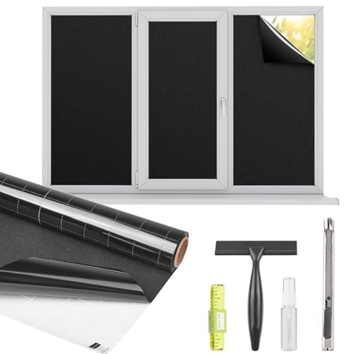 Kromapolis Blackout Window Privacy Film Total Light Blocking Room Darkening Window Covering, Removable Static Cling Frosted Glass Tint, Non-Adhesive, Black 35.4'' x 314.9'' - Image 1