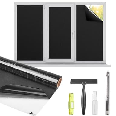 Kromapolis Blackout Window Privacy Film Total Light Blocking Room Darkening Window Covering, Removable Static Cling Frosted Glass Tint, Non-Adhesive, Black 35.4'' x 314.9'' - Image 1