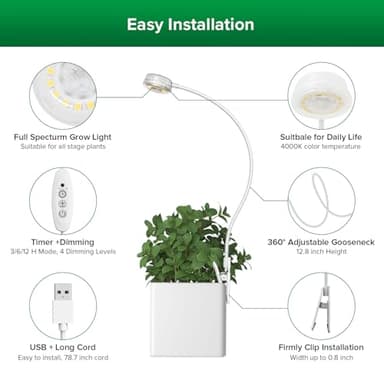 SANSI Grow Lights for Indoor Plants, Pot Clip LED Plant Lights for Indoor Growing, Full Spectrum, with 4-Level Dimmable, Auto On Off 3 6 12 Hrs Timer for Small Plants, Gardening Gifts White 5V 4-Pack - Image 4