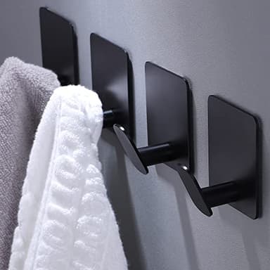 DELITON Adhesive Hooks - 4 Pack Towel/Coat Hooks Wall Hook Stick on Bathroom or Kitchen (Matte Black, Stainless Steel) - Image 1