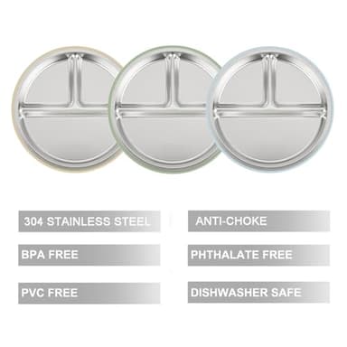 PandaEar 3 Pack Stainless Steel Baby Suction Plates, Divided Toddler Plate for Baby Led Weaning Supplies, Non-Slip Toddler Baby Feeding Set Dishwasher Safe (Blue/Green/Brown) - Image 4