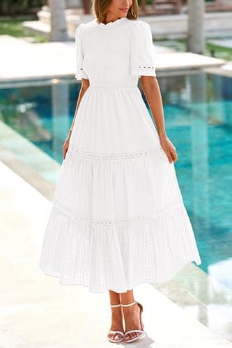 dowerme Summer Dresses for Women 2025 Casual Boho Hollow Out Short Sleeve Ruffle Mock Neck Smocked Maxi Gingham Sundress(White,Medium) - Image 6