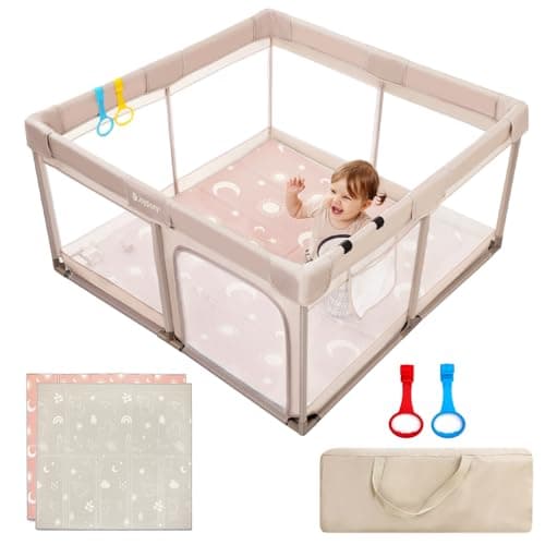 Joypony Baby Playpen with Mat, 50x50 in Small Play Pen for Babies, Toddler Playpen for Apartment, Indoors Play Yard with Soft Breathable Mesh (Beige with Mat) - Image 1