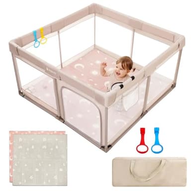 Joypony Baby Playpen with Mat, 50x50 in Small Play Pen for Babies, Toddler Playpen for Apartment, Indoors Play Yard with Soft Breathable Mesh (Beige with Mat) - Image 1