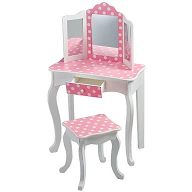 Teamson Kids Princess Gisele Polka Dot Print 2-Piece Kids Wooden Play Vanity Set with Vanity Table, Tri-Fold Mirror, Storage Drawer, and Matching Stool, White with White/Pink Polka Dot Accent - Image 6