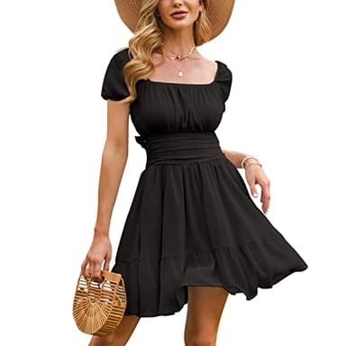 EXLURA Women's 2024 Summer Short Puff Sleeve Casual Short Mini Dresses Tie Back Square Neck A-Line Sundress - Image 1