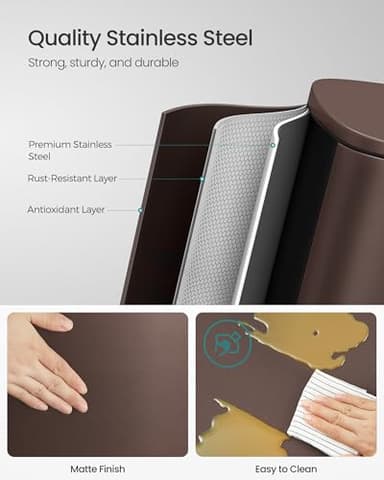 SONGMICS 13 Gallon (50 L) Trash Can, Stainless Steel Kitchen Garbage Can, Recycling or Waste Bin, Soft Close, Step-On Pedal, Removable Inner Bucket, Brown ULTB50BR - Image 3