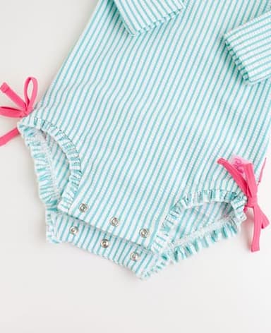 RuffleButts Bright Aqua Seersucker Long Sleeve One Piece Rash Guard - 3-6m - Image 3