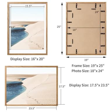 Axeman 18x24 Poster Frame with Mat for 16x20, Solid Oak Wood Picture Frame with Tempered Glass, Wooden 18''x24'' Minimalist Photo Frame with Free Wall Hooks for Art Photo and Prints, Natural - Image 2