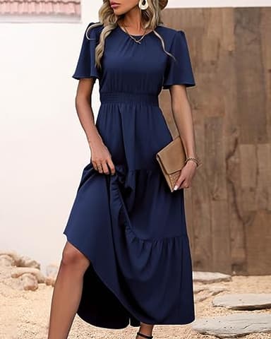 PRETTYGARDEN Women's Summer Casual Short Flutter Sleeve Round Neck Smocked Waist Tiered Boho Floral Flowy Maxi Dress(Solid Navy,Medium) - Image 6