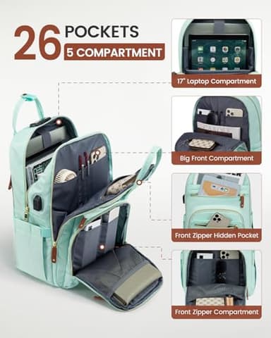 LOVEVOOK Laptop Backpack Purse for Women, Unisex Large Capacity 17 Inch Travel Anti-theft Bag, Work Business Computer Bags Backpack for Men, Casual Hiking Daypack with Lock, Mint Green - Image 3