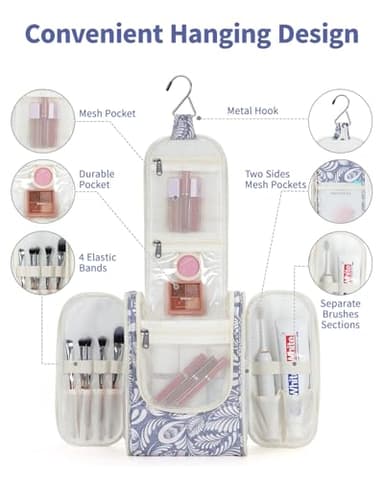 Narwey Small Hanging Toiletry Bag Women Travel Makeup Bag Organizer Toiletries Bag for Travel Size Essentials Accessories Cosmetics (Medium, Blue Leaf) - Image 2