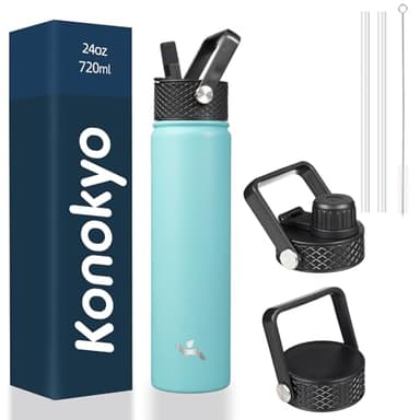 Konokyo Insulated Water Bottle 24oz Stainless Steel Sport Bottles with 3 Lids,Turquoise - Image 1
