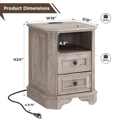 T4TREAM Farmhouse Nightstand with Charging Station, 18" End Table with 2 Drawers, Wood Side Table, Bedside Cabinet for Bedroom, Living Room (Light Rustic Oak - Image 3