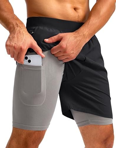 Soothfeel Men's 2 in 1 Running Shorts with 4 Pockets 5 Inch Quick Dry Gym Active Workout Athletic Shorts for Men with Liner(Grey&Black, XL) - Image 1