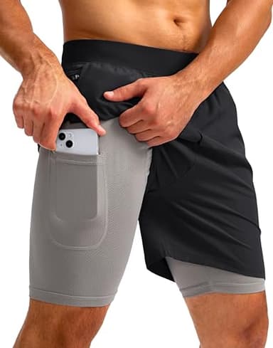 Soothfeel Men's 2 in 1 Running Shorts with 4 Pockets 5 Inch Quick Dry Gym Active Workout Athletic Shorts for Men with Liner(Grey&Black, XL) - Image 1
