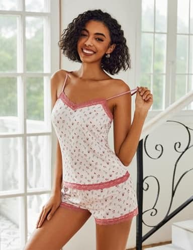 Avidlove Womens Pajama Sets Modal Sleepwear Lace Trim Short Pjs Sets for Women With Shorts (Small Crushed Flowers, L) - Image 4