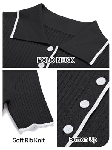 MEROKEETY Women's V Neck Ribbed Knit Midi Dress Short Sleeve Button Elegant Bodycon Sweater Dresses, Black, Large - Image 6