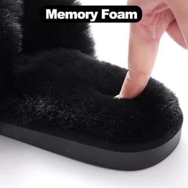Evshine Women's Fuzzy Slippers Cross Band Memory Foam House Slippers Open Toe, Black, 42-43 (Size 10-11) - Image 5