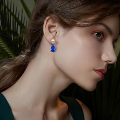 YAMI Pearl Earrings for Women, 925 Sterling Silver Birthstone Teardrop Stud Dangle Earrings, Created Sapphire Pear Shaped Zircon Gem Drop Earrings, 8-8.5MM Freshwater Cultured Pearl Jewelry - Image 2