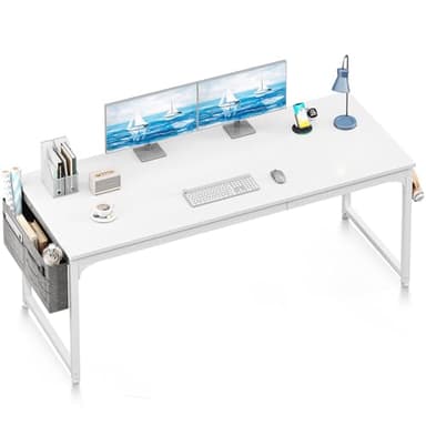 ODK Computer Desk Large Office Desk, 63 Inch Gaming Desk with Storage, Modern PC Work Table with Headphone Hook for Home Office, Splice Board, White + White Leg - Image 1