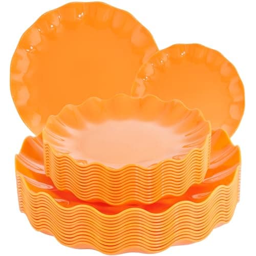 LIYH 24 Pcs Orange Scalloped Plates - Sturdy Plastic Orange Plates for Halloween & Thanksgiving Party Dishwasher Safe Reusable (12 Guests) - Image 1