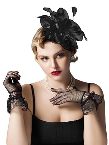 SWEETV Fascinators Hats for Women Tea Party Hat and Gloves Set for Kentucky Fascinator Derby, Cocktail, Wedding, Fancy Dress Party, Black - Image 1