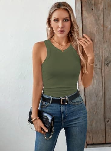 LOLONG Womens Stretch Tank Top Summer Ribbed Sleeveless Shirts Green - Image 3