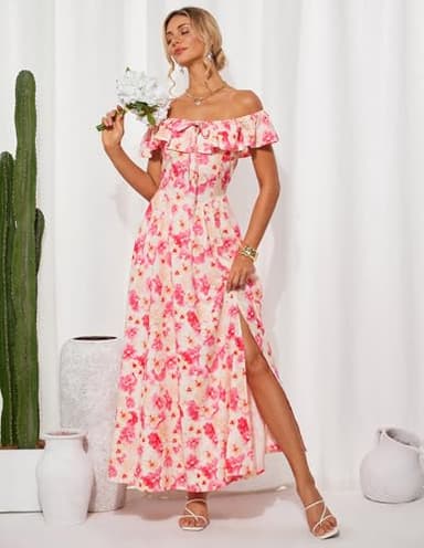 Women's Summer Dresses Ruffle Off Shoulder Trendy Corset Sundress Beach Long Maxi Outfits Pink Yellow XXL - Image 3