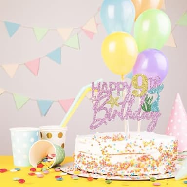 Mermaid Happy 9th Birthday Cake Topper, Pink Glitter Mermaid Nine Cake Decoration Ocean Theme for Girl 9 Years Old Birthday Party Cake Decor - Image 5