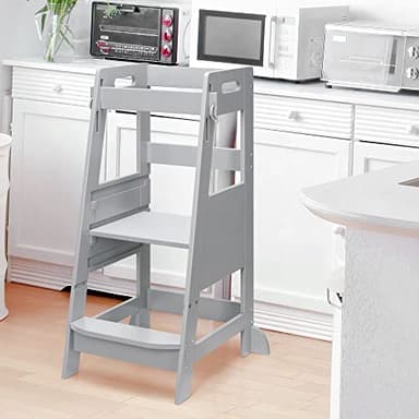 TOETOL Bamboo Toddler Step Stool Grey Learning Standing Helper Tower for Toddlers Kitchen Stools Counter 3 Height Adjustable Helper with Non-Slip Mat - Image 2