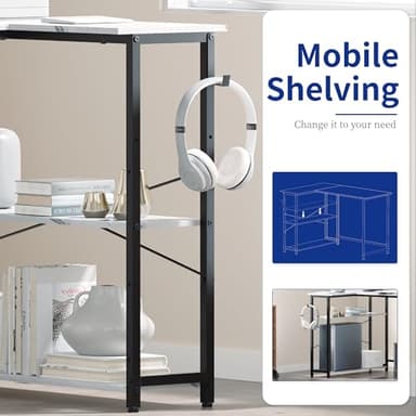 Pamray 43 Inch L Shaped Computer Desk with Reversible Side Storage Shelves, Small Corner Desk for Small Space Home Office,Writing Study Table PC Desk for Bedroom,White Marble - Image 4