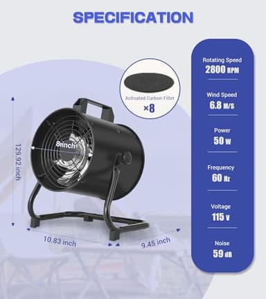 FAREAST 8-Inch Portable Range Hood, 452 CFM Kitchen Exhaust Fan, Portable Exhaust Fan with 8 Reusable Activated Carbon Filter Replacements, Desktop Range Hood for Cooking, Indoor BBQ, Camping and RV - Image 2