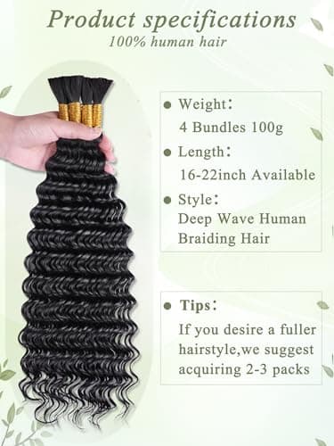 KULYMUWIG Human Braiding Hair for Boho Braids 18 Inch 100 g 4 Bundles Deep Wave Bulk Human Hair for Braiding No Weft 10A Curly Human Hair Extensions for Braids Wet and Wavy Braid - Image 2