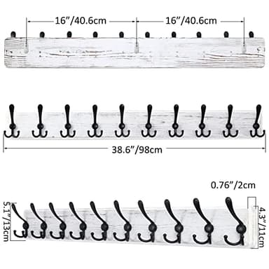SKOLOO Coat Rack Wall Mounted - 38.3'' Long, Wooden, Heavy Duty, Rustic Coat Hooks for Wall, Wall Coat Rack with 10 Triple Hooks for Hanging Clothes, Jacket, Hat(Weathered White) - Image 5